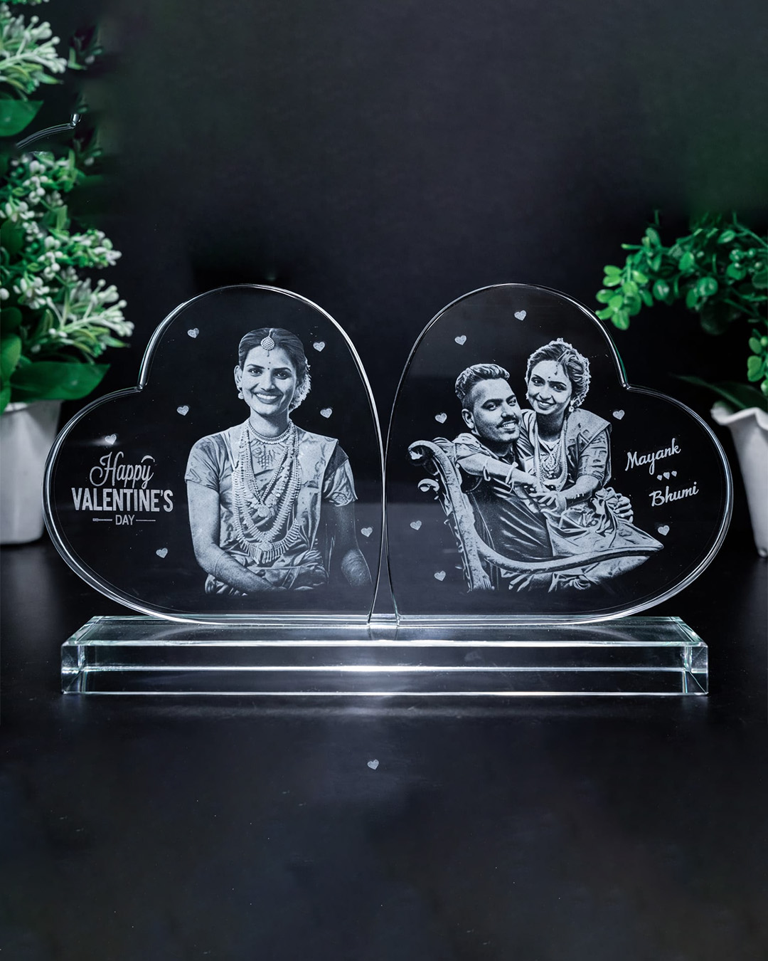 Double Heart Crystal Keepsake with Engraved Portraits Double Heart Crystal Keepsake with Engraved Portraits - Image 1